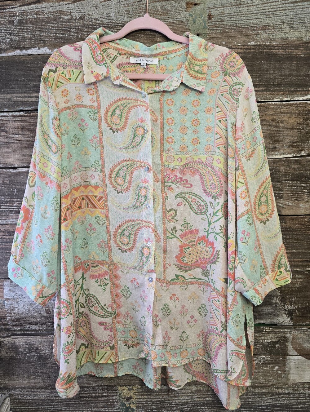 Rose & Olive Pastel Paisley Button-Up Blouse, Size 2X